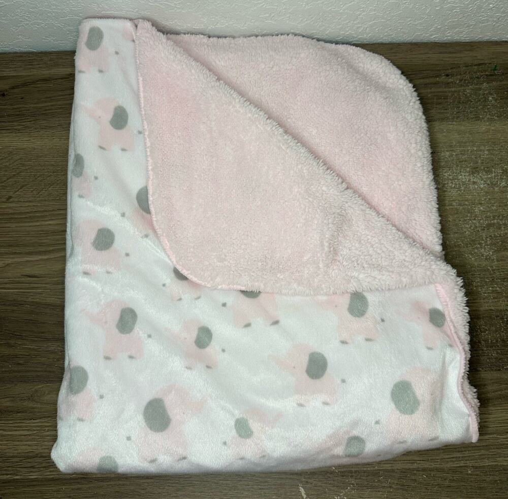 Wendy Bellissimo Baby Blanket Pink Elephants Sherpa Back Soft Gray